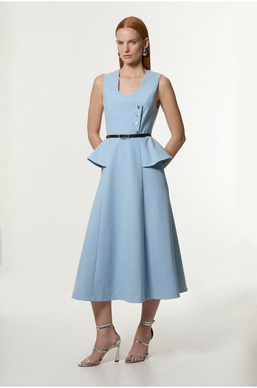 Compact Stretch Belted Peplum Detail Full Midi Dress