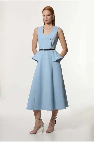 فستان ميدي إستريتش بكشكش بيلوم بحزام