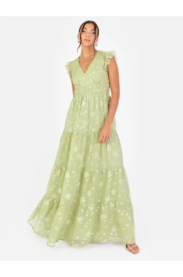 Maya Sage Green Floral Flutter Sleeve V Neck Maxi Dress