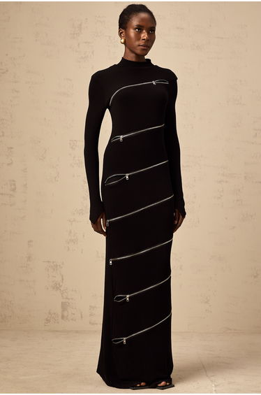 Costanza black zip-detail fitted maxi dress