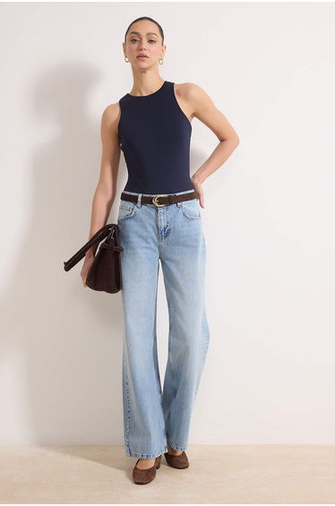Navy Blue Halter Neck Fitted Stretchy Bottom Snap Fastener Knitted Bodysuit