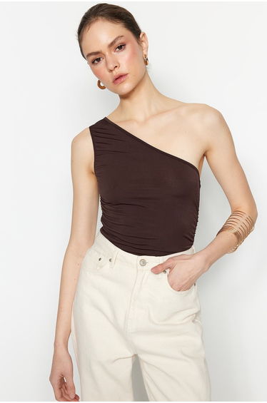 Brown Shirred Detail Fitted/Slippery Knitted One-Shoulder Blouse .