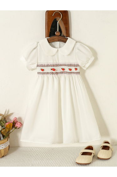 Girls White Puff Sleeve Embroidered Dress