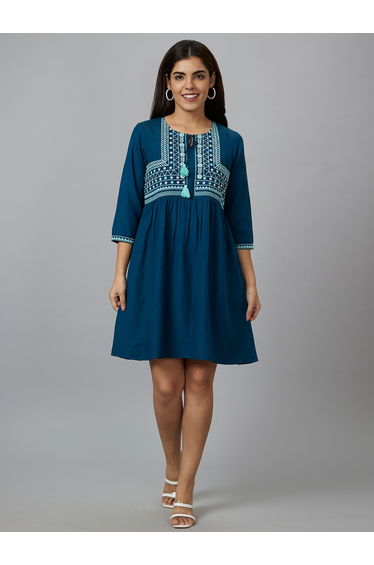 Teal Embroidered Mini Dress