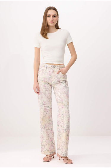 Multi-Colored Dumped Floral Print 100% Cotton High Waist Wide Leg Jeans