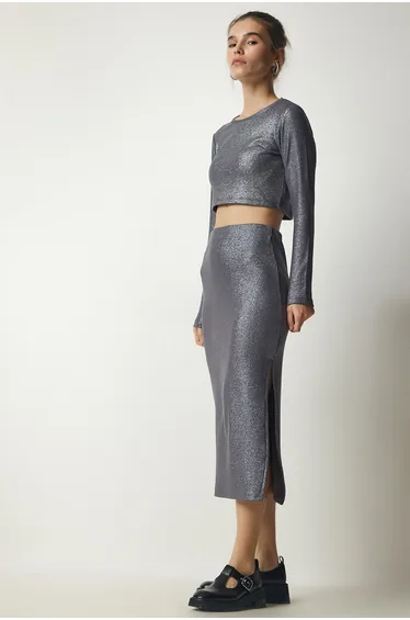 Women's Gray Shimmer Corduroy Crop Skirt Set