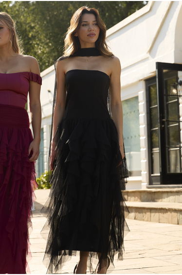 Twilight Strapless Maxi Dress With Scarf In Black