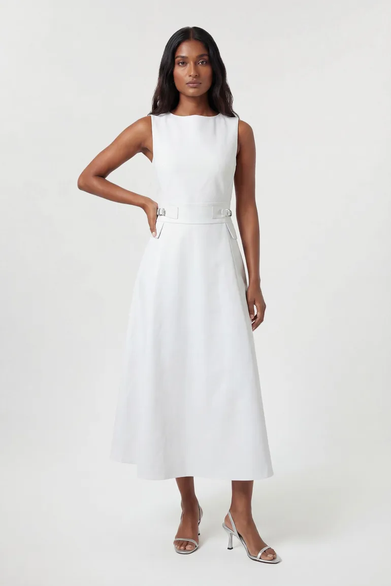Petite Premium Cotton Tailored Fabric Belted Buckle Midi Dress