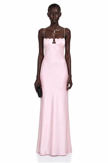 Asel Pink Maxi Dress with Floral Neckline