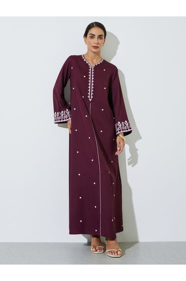 Burgundy Embroidered V Neck Jalabiya