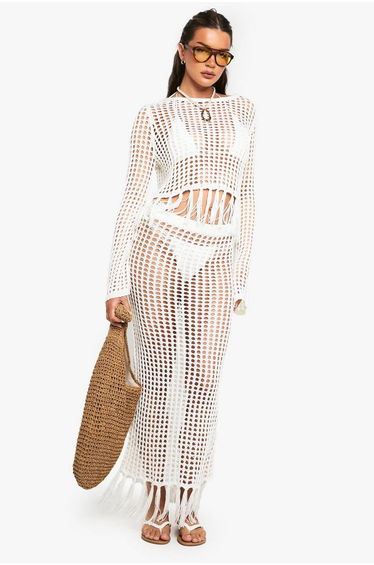 Tassel Trim Crochet Skirt - cream