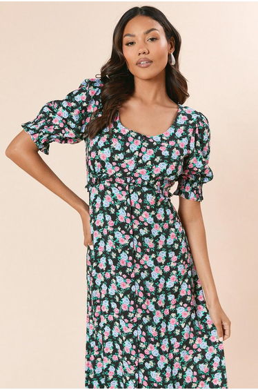 Floral Button Front Puff Sleeve Midi Dress