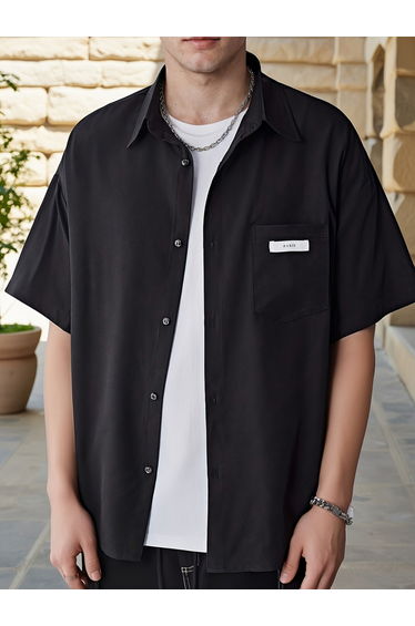 Men Solid Button Up Short Sleeve Shirt
