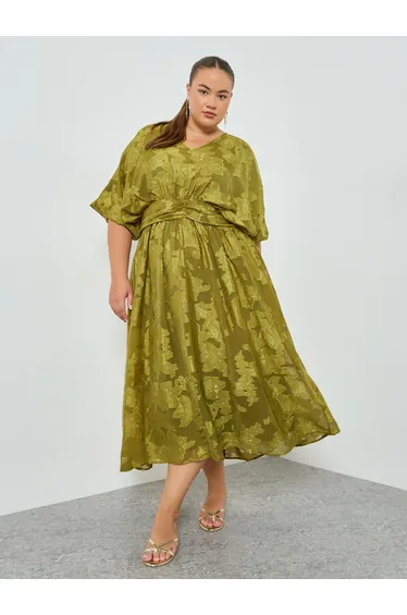 Plus Size Green Jacquard Pleated A-Line Midi Dress