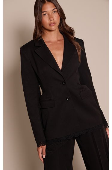 Black Lace Detail Moulded Hip Cinch Waist Blazer