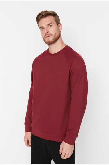 Claret Red Basic Regular Cut Crew Neck Fleece Sweatshirt