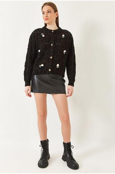 LUCCI Textured Knitwear Cardigan with Pompom