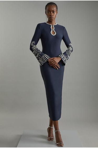 Figure Form Bandage Knit Embellished Wide Sleeve Midaxi Dress