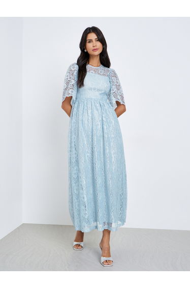 All-Lace Short Sleeve A-Line Maxi Dress