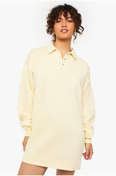 Long Sleeve Collared Sweat Dress - lemon