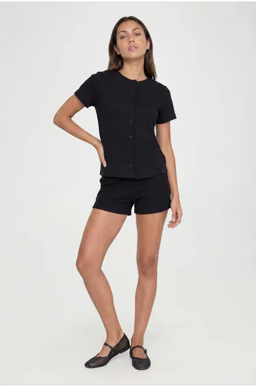 Tall Rib Short Sleeve Button Through Top And Short Set - black