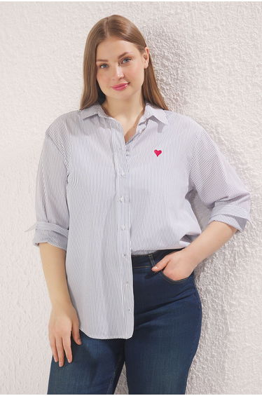 White Striped Heart Embroidered Woven Plus Size Shirt