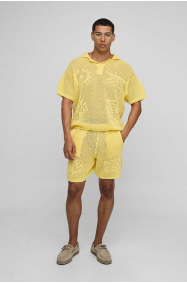 Oversized Intarsia Graphic Knitted Polo & Relaxed Short Set