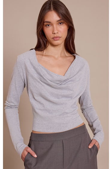 Grey Marl Cotton Cowl Neck Shoulder Pad Long Sleeve Top