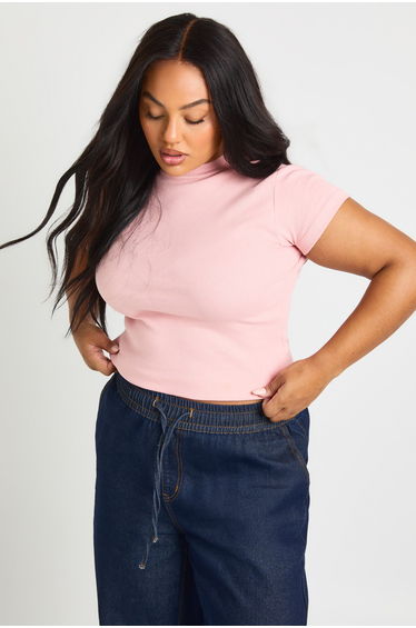 Plus Rib Short Sleeve Fitted Top - pink