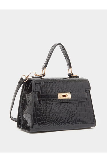 Women Black Croc Textured Handbag