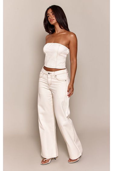 Petite Ecru Seam Detail Denim Bandeau Top