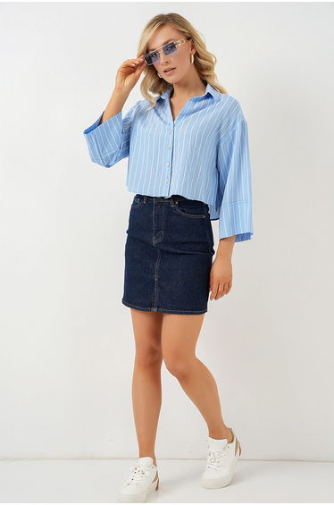 BDART Oversized Striped Cropped Shirt with Button Closure
