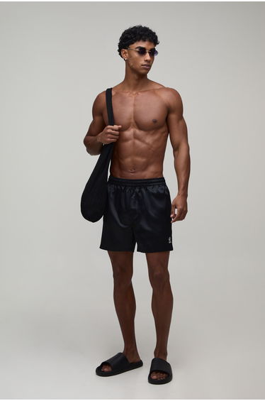 Relaxed fit Satin Boxer Style Embroidered Short - black