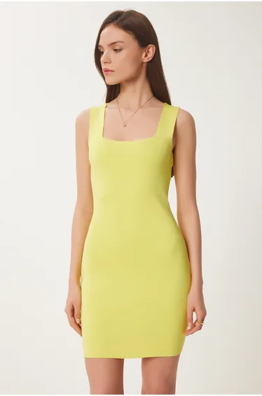 Women's yellow square neck lycra mini knit dress