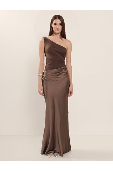 Elegant One-shoulder Satin Pleated Maxi Party Dress