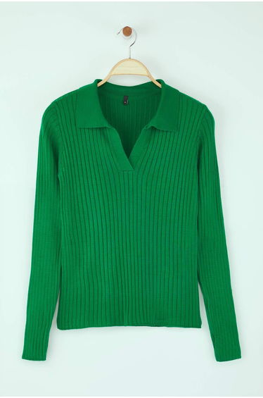 Emerald Green Striped Sleeve Detail Polo Collar Knitwear Sweater
