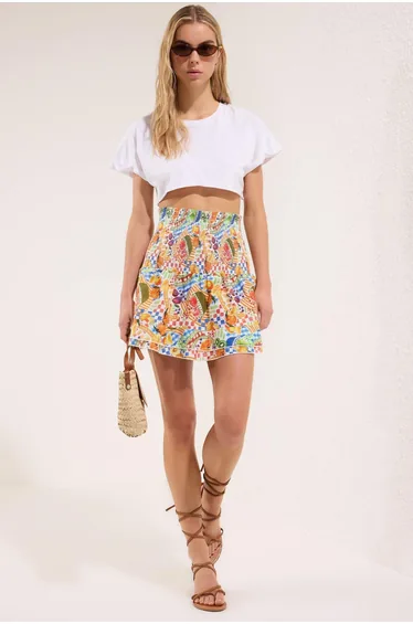 Multicolored Layered Fruit Patterned Summer 100% Cotton Mini Skirt