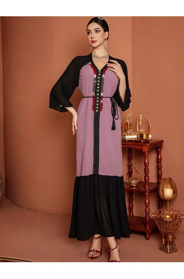 Embellished Color Block Beaded Ruffle Hem Jalabiya