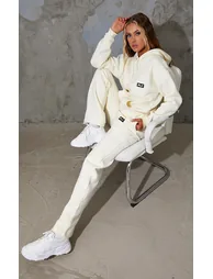 PRETTYLITTLETHING Recycled Cream Badge Detail Straight Leg Joggers