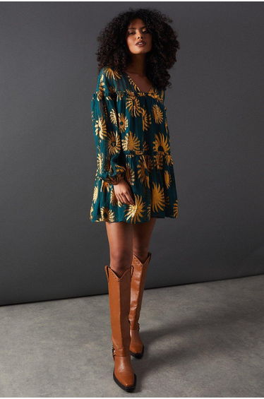 Sun Metallic Jacquard Frill Detail Mini Smock Dress