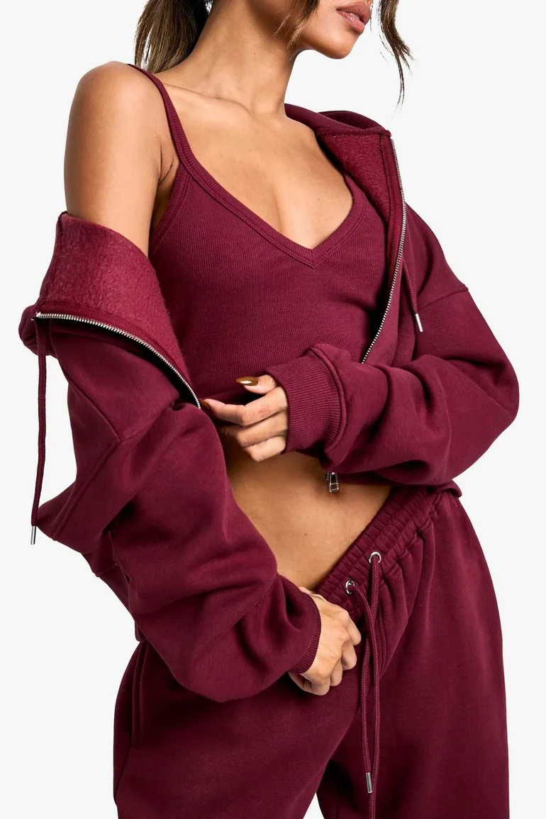 Ribbed V Neck Top 3 Piece Hooded Tracksuit - burgundy - 3