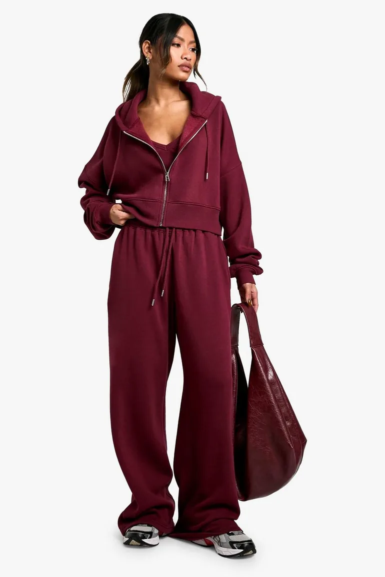 Ribbed V Neck Top 3 Piece Hooded Tracksuit - burgundy