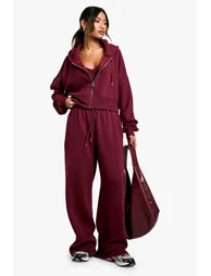 Ribbed V Neck Top 3 Piece Hooded Tracksuit - burgundy
