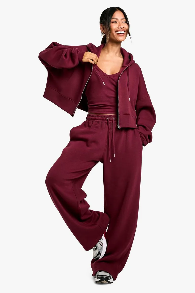 Ribbed V Neck Top 3 Piece Hooded Tracksuit - burgundy - 2