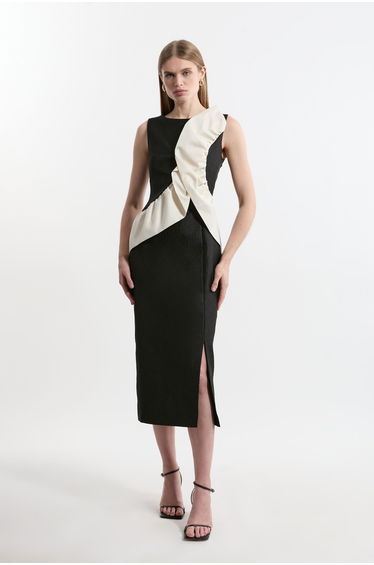 Textured Tailored Contrast Taffeta Ruffle Maxi Dress
