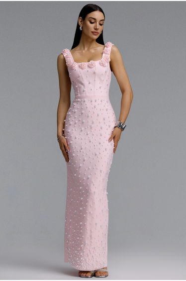 Shea Elegant Contour Square Neck Floral Pearl Bandage Pink Maxi Dress