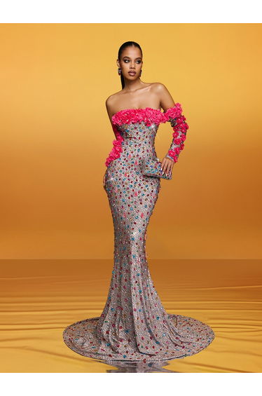 Alythia Off Shoulder Flower Crystal Maxi Dress
