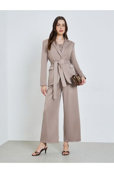 Women Beige Regular Fit Belted Blazer
