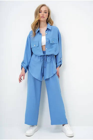 Women's Indigo Double Pocket Safari Jacket and Elastic Waist Wide Leg Aerobin Pants Suit