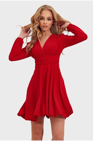 Red Pleated A-Line Mini Skater Dress with Long Sleeve